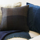 Handwoven wool and silk cushion in navy and sesame check, 45 x 45 cm, India