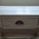 Sage green teak table or desk, single drawer, detail
