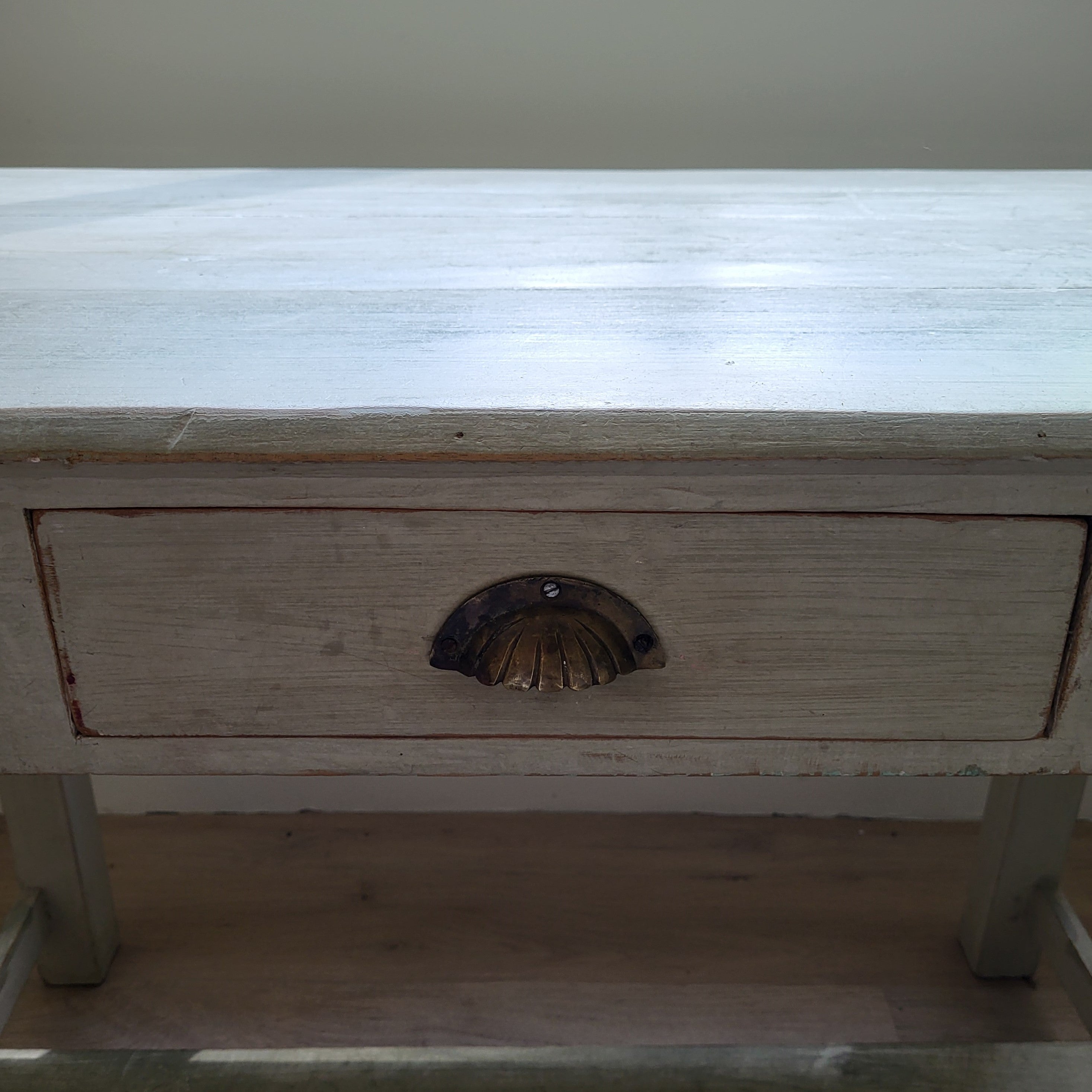 Sage green teak table or desk, single drawer, detail