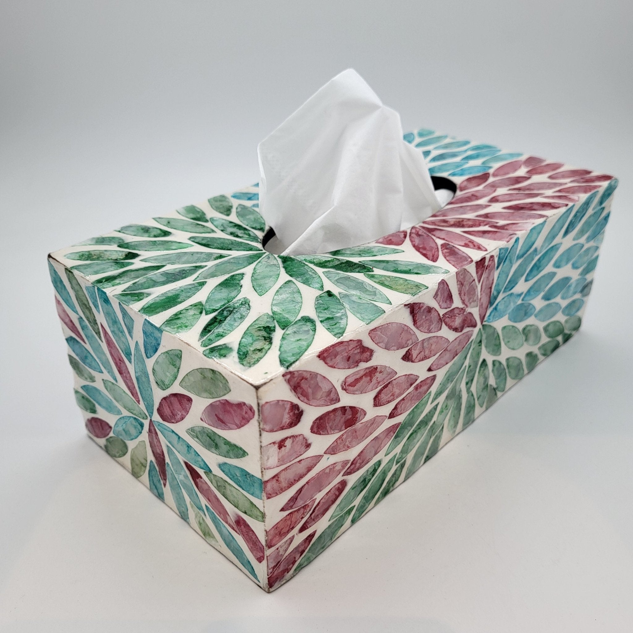 Mother of pearl tissue box cover, turquoise, green and red inlay, 24 x 12 x 9 cm