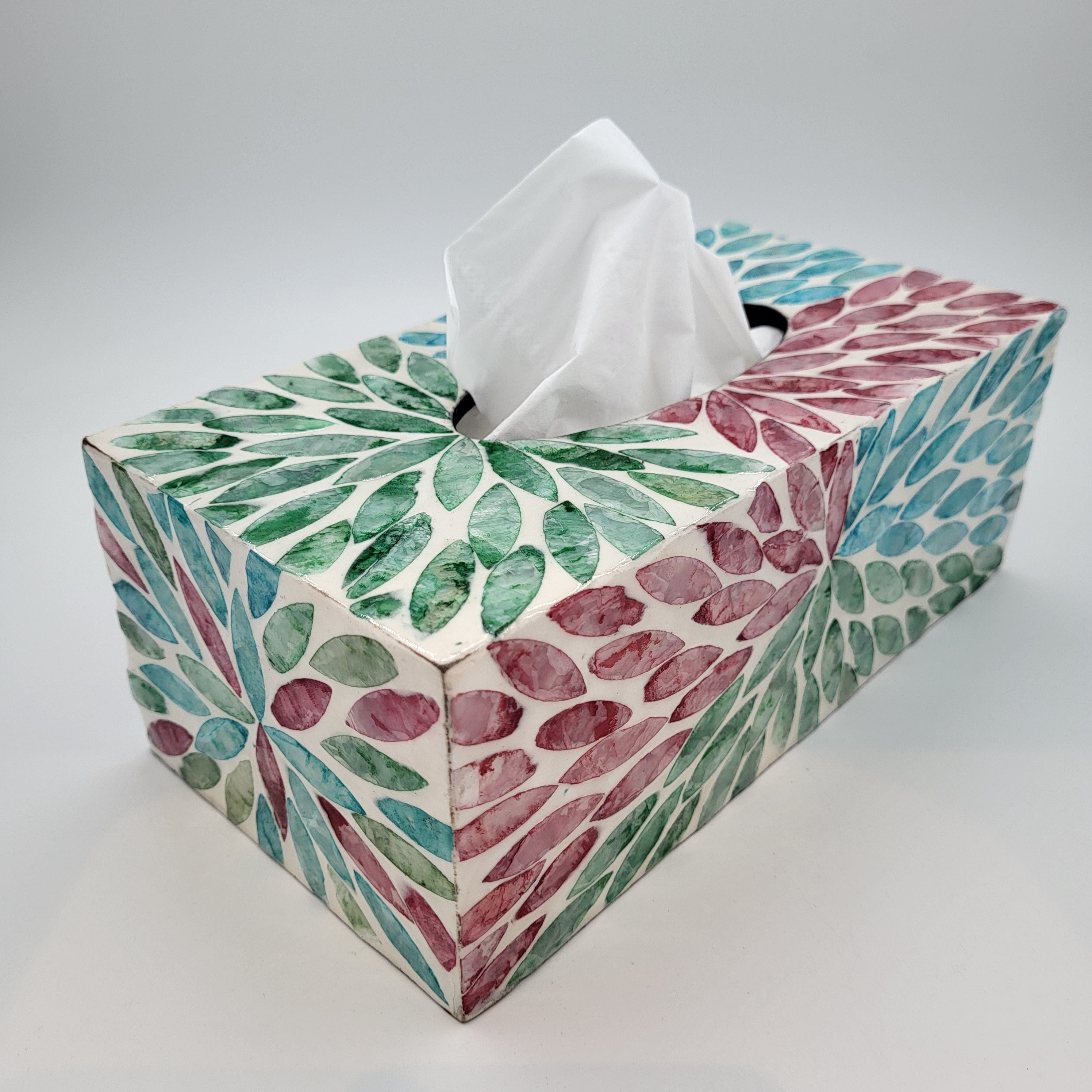 Mother of pearl tissue box cover, turquoise, green and red inlay, 24 x 12 x 9 cm
