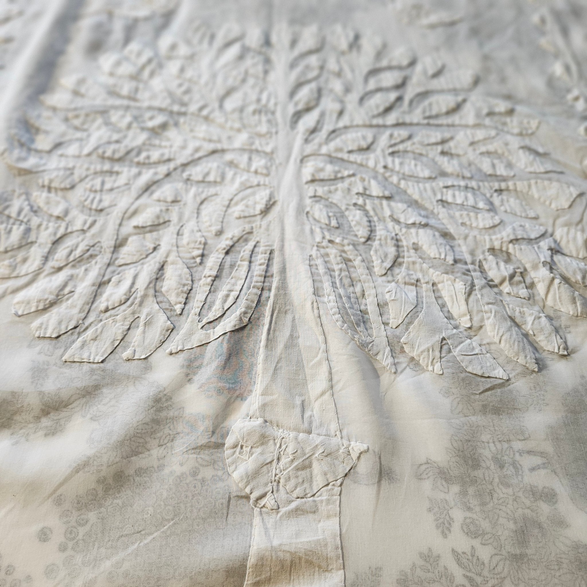 White organza applique bedspread, tree of life design