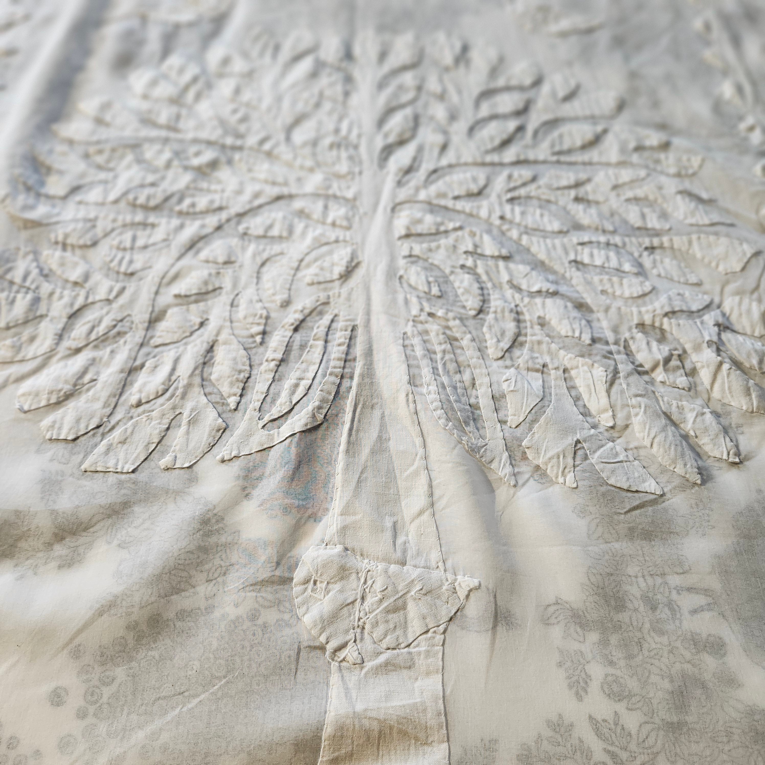 White organza applique bedspread, tree of life design