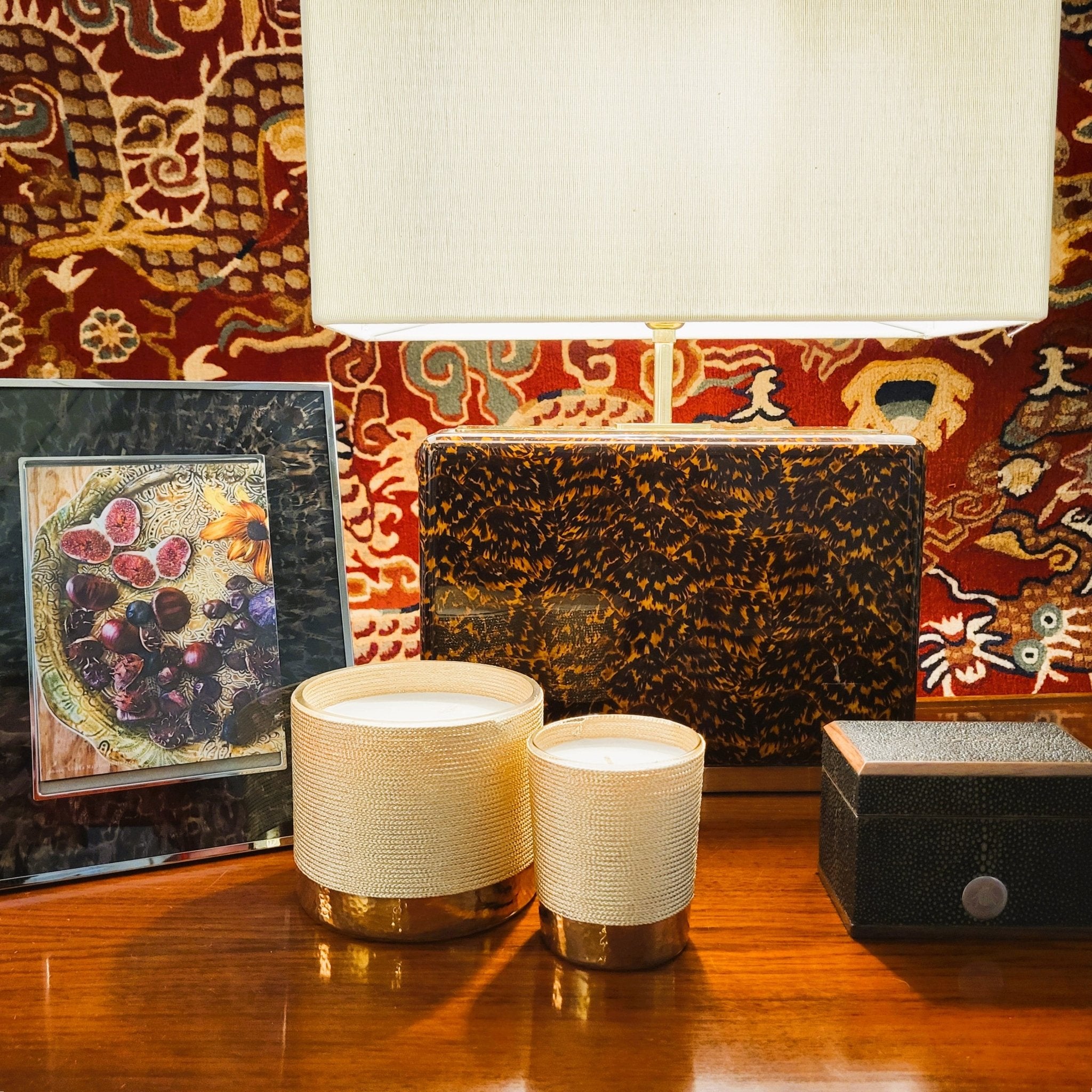 Faux pheasant feather frame by Addison Ross, styled in a gift setting