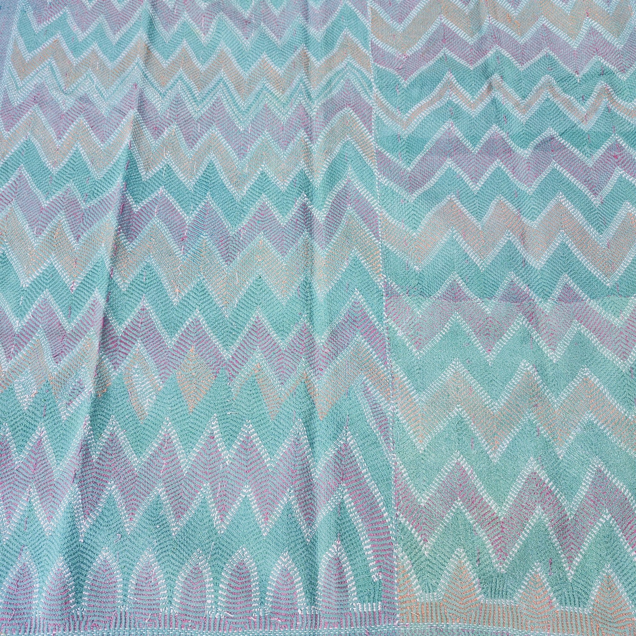Vintage cotton kantha quilt in teal with contrasting chevron stripes, 188 x 131cm