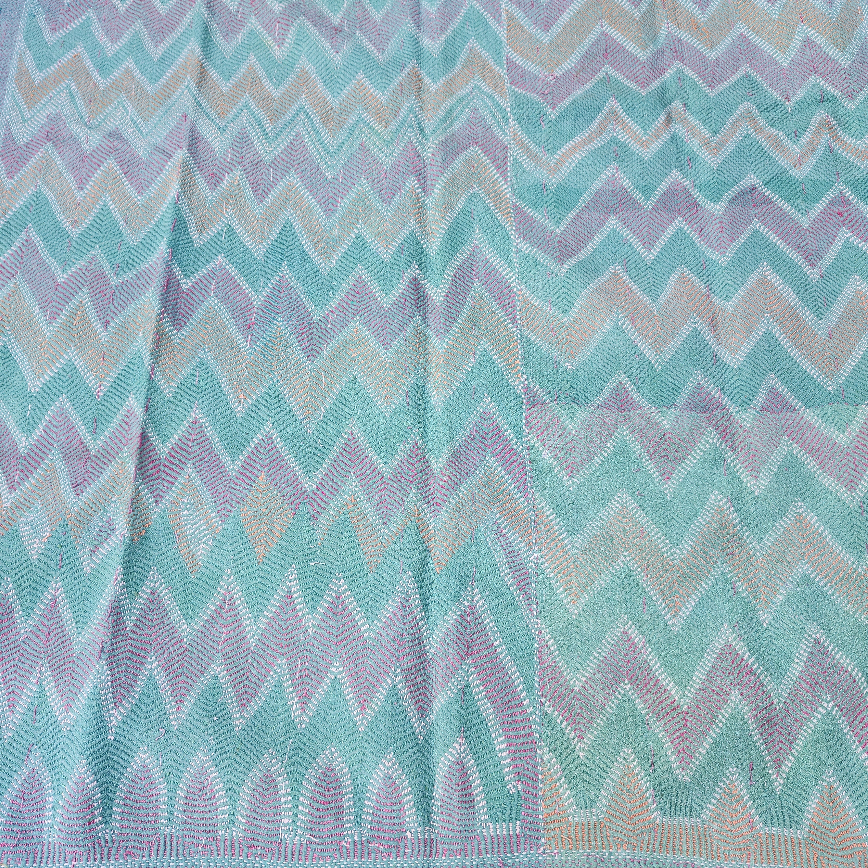 Vintage cotton kantha quilt in teal with contrasting chevron stripes, 188 x 131cm