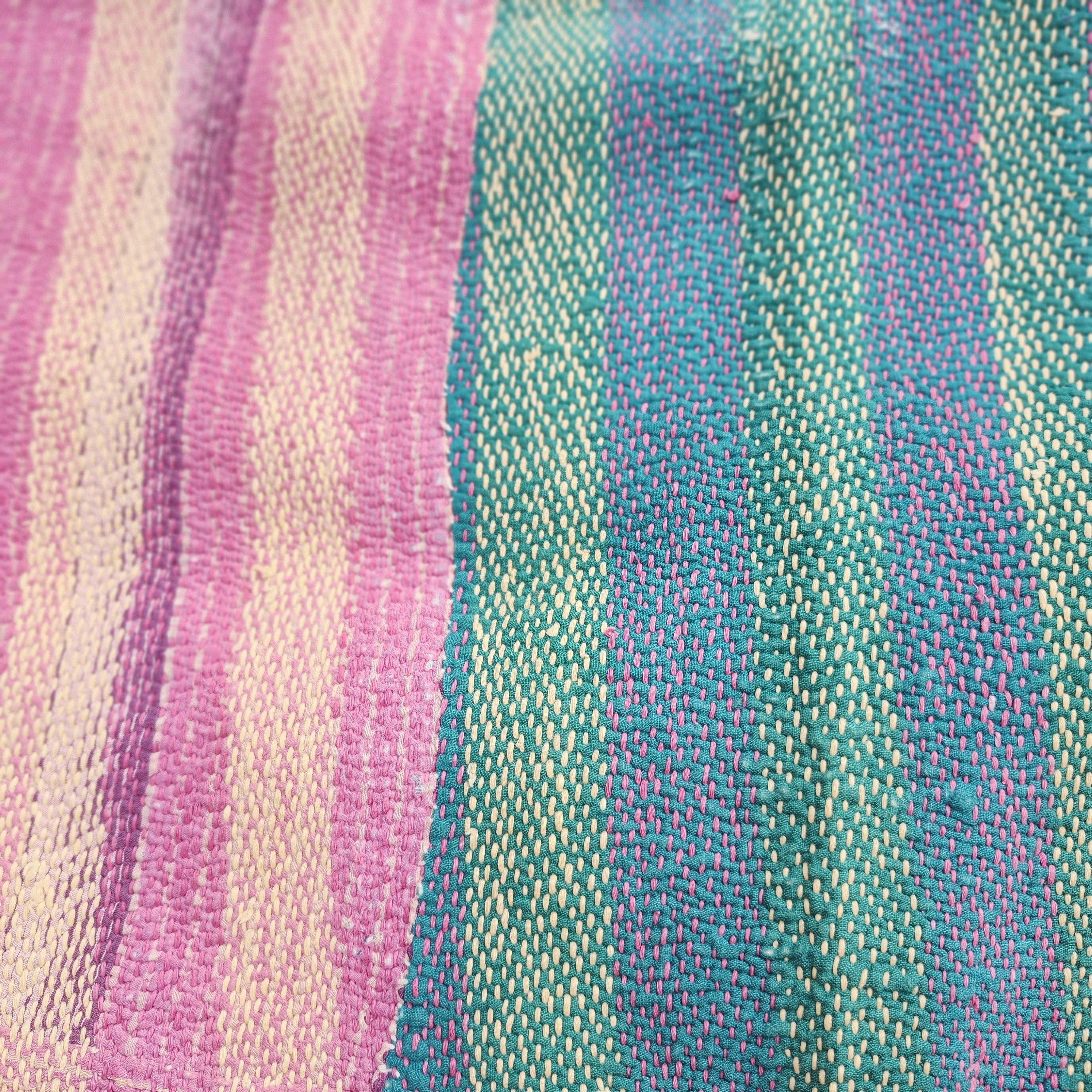 Vintage striped cotton kantha quilt in green, pink and yellow, 180 x 119cm