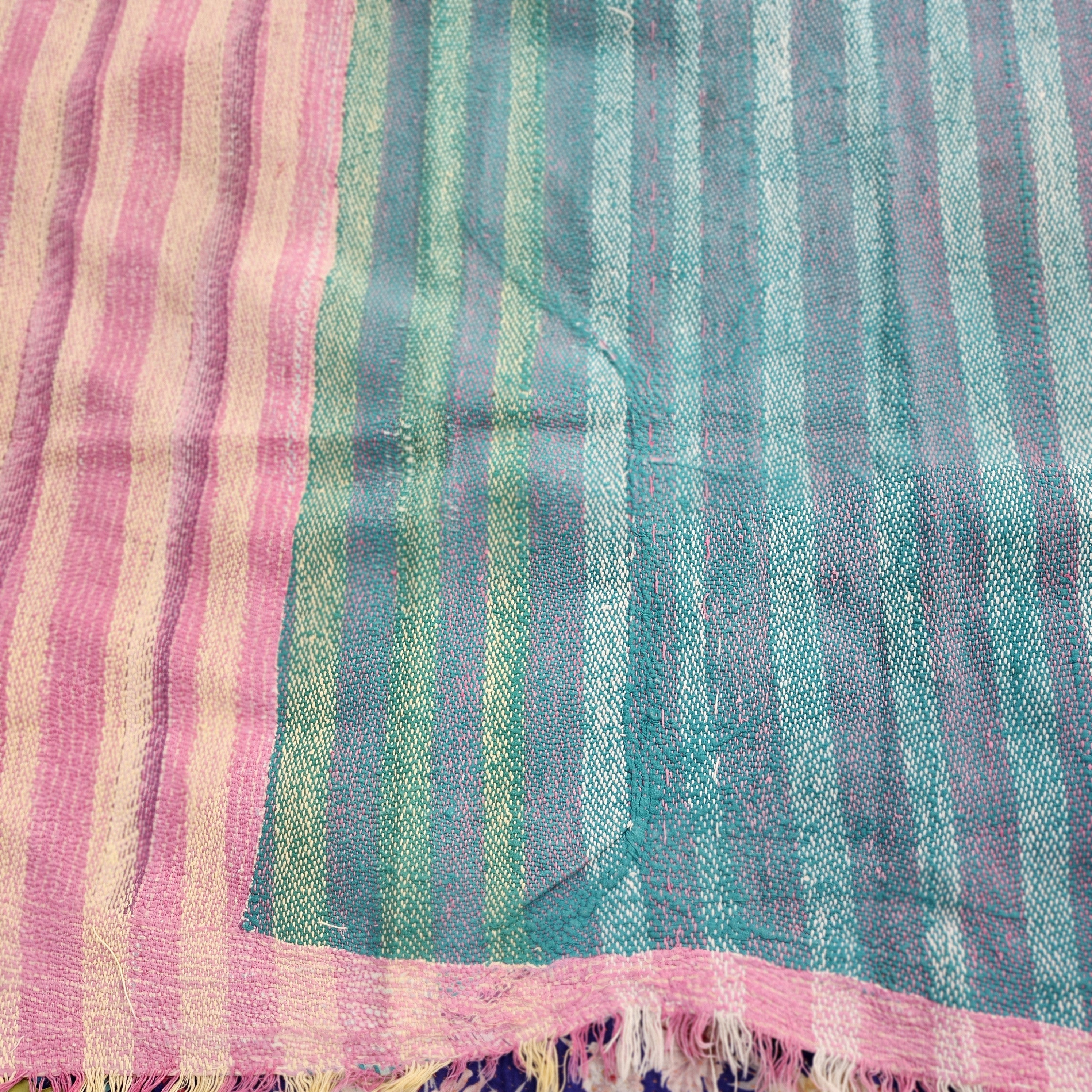 Striped vintage kantha quilt, reverse side
