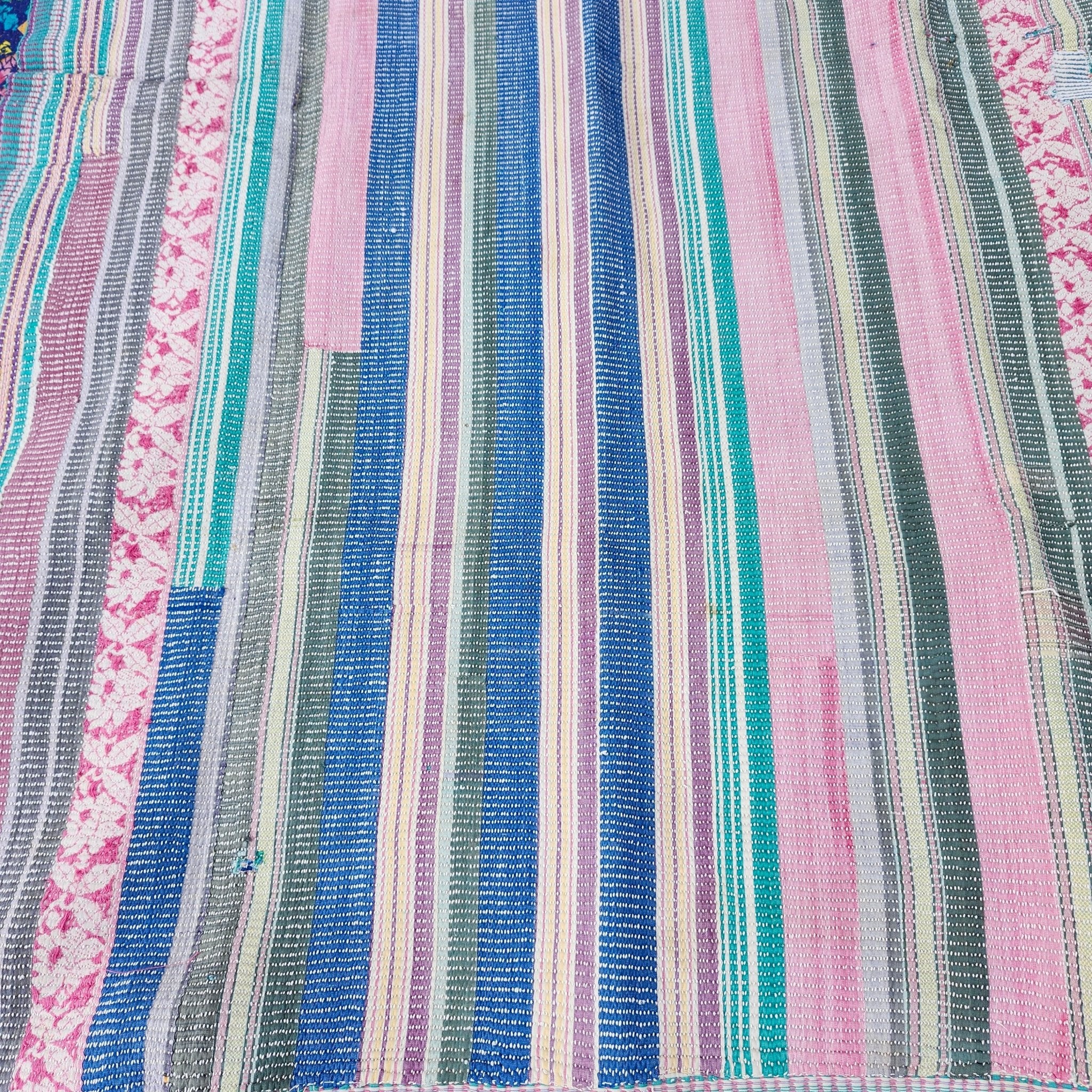 Pastel striped vintage kantha quilt, full view
