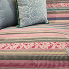 Vintage cotton kantha quilt in faded pink, grey and emerald stripes, 203 x 127cm