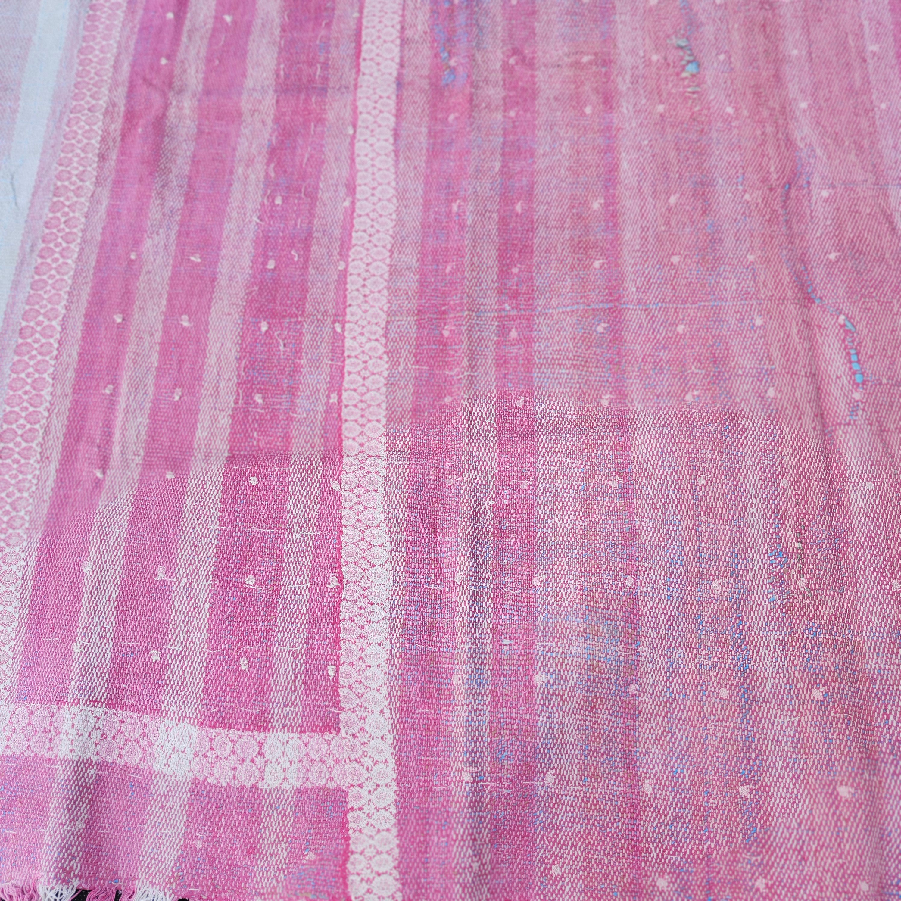 Faded pink vintage kantha quilt, running stitch, styled