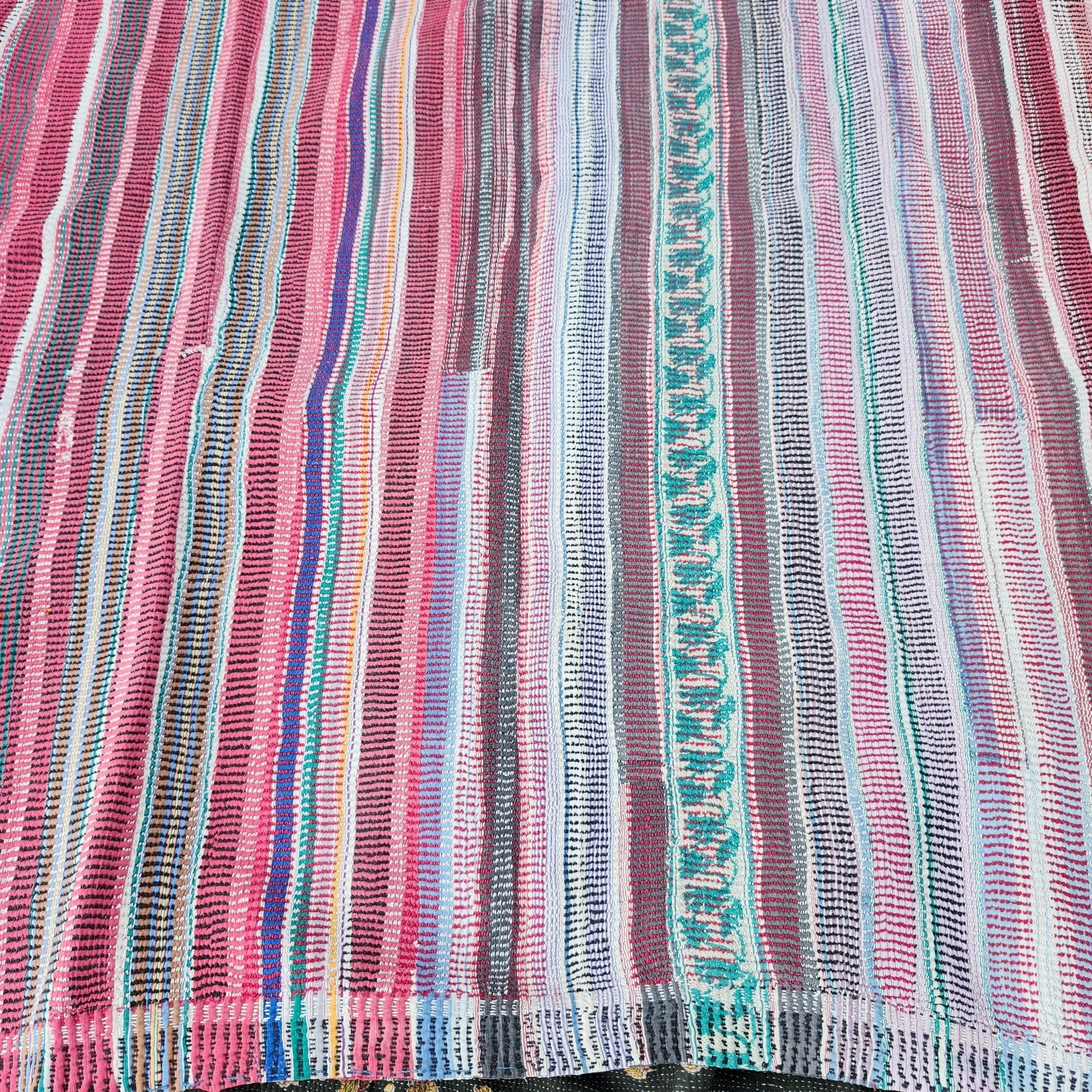 Vintage cotton kantha quilt in white, red and green stripes, 164 x 118cm