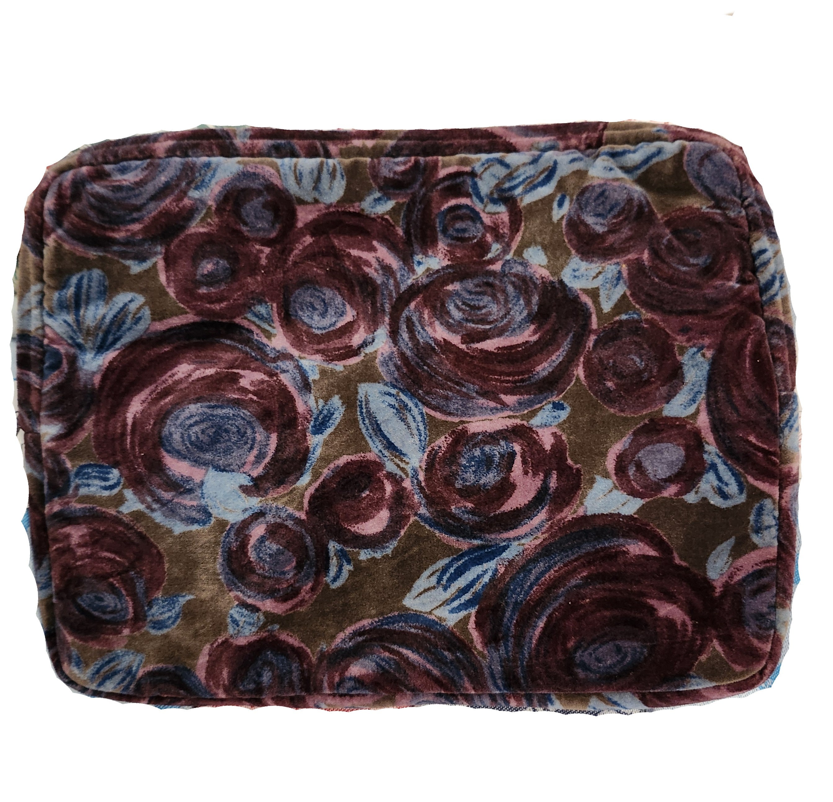 Cotton velvet laptop cover printed with roses in zinc colourway, metal zip close, 33 x 25cm for travel