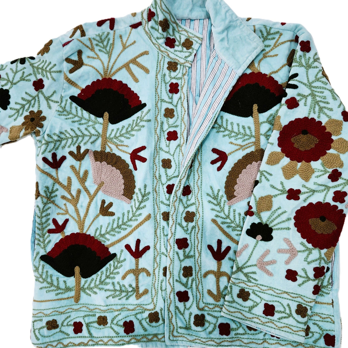 Aquamarine velvet jacket with hand worked suzani stitching, lined in pale blue striped cotton block print.