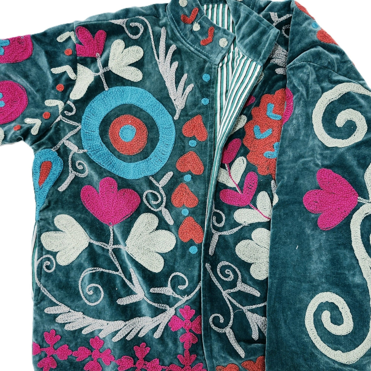 Teal velvet jacket with hand worked suzani stitching, lined in a teal and grey striped cotton block print.