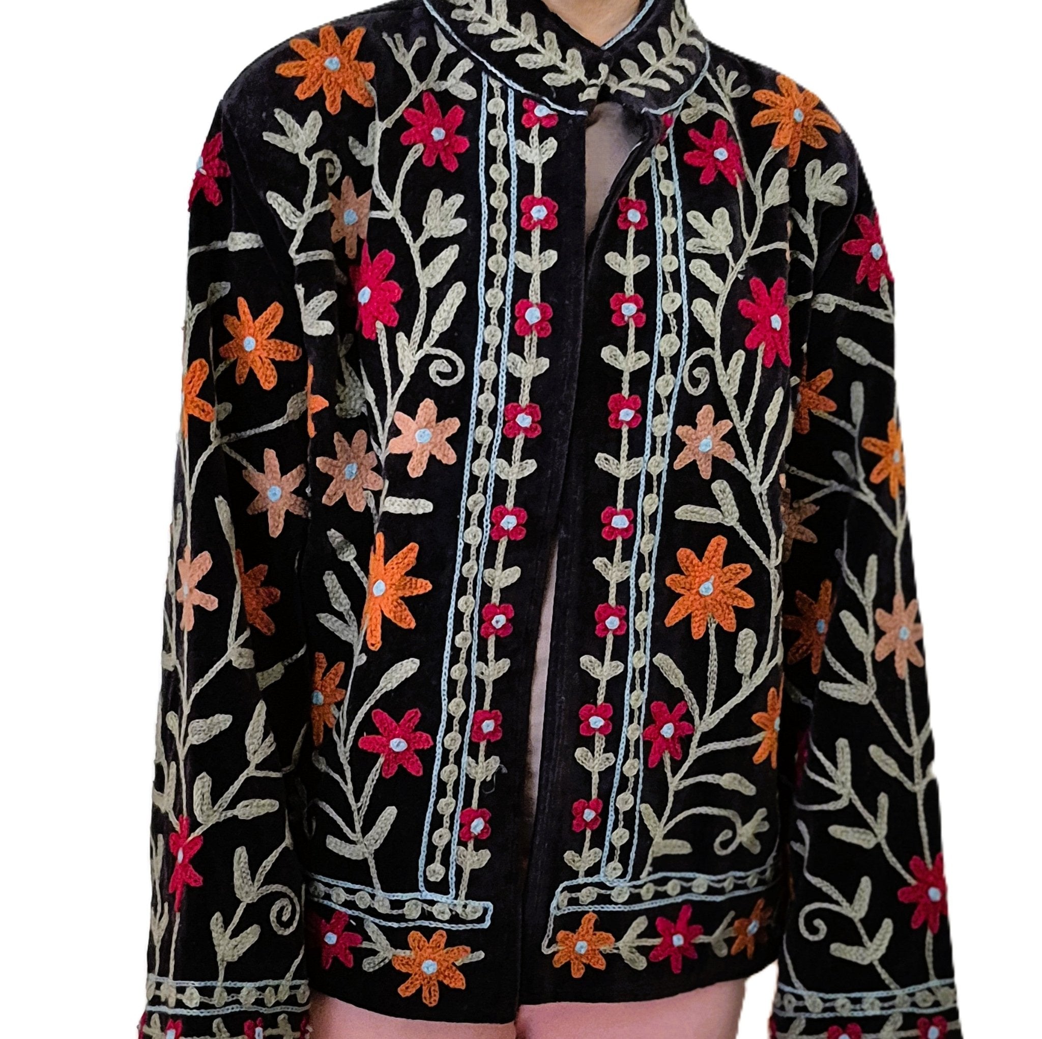 Black suzani velvet jacket, hand-worked stitching, detail