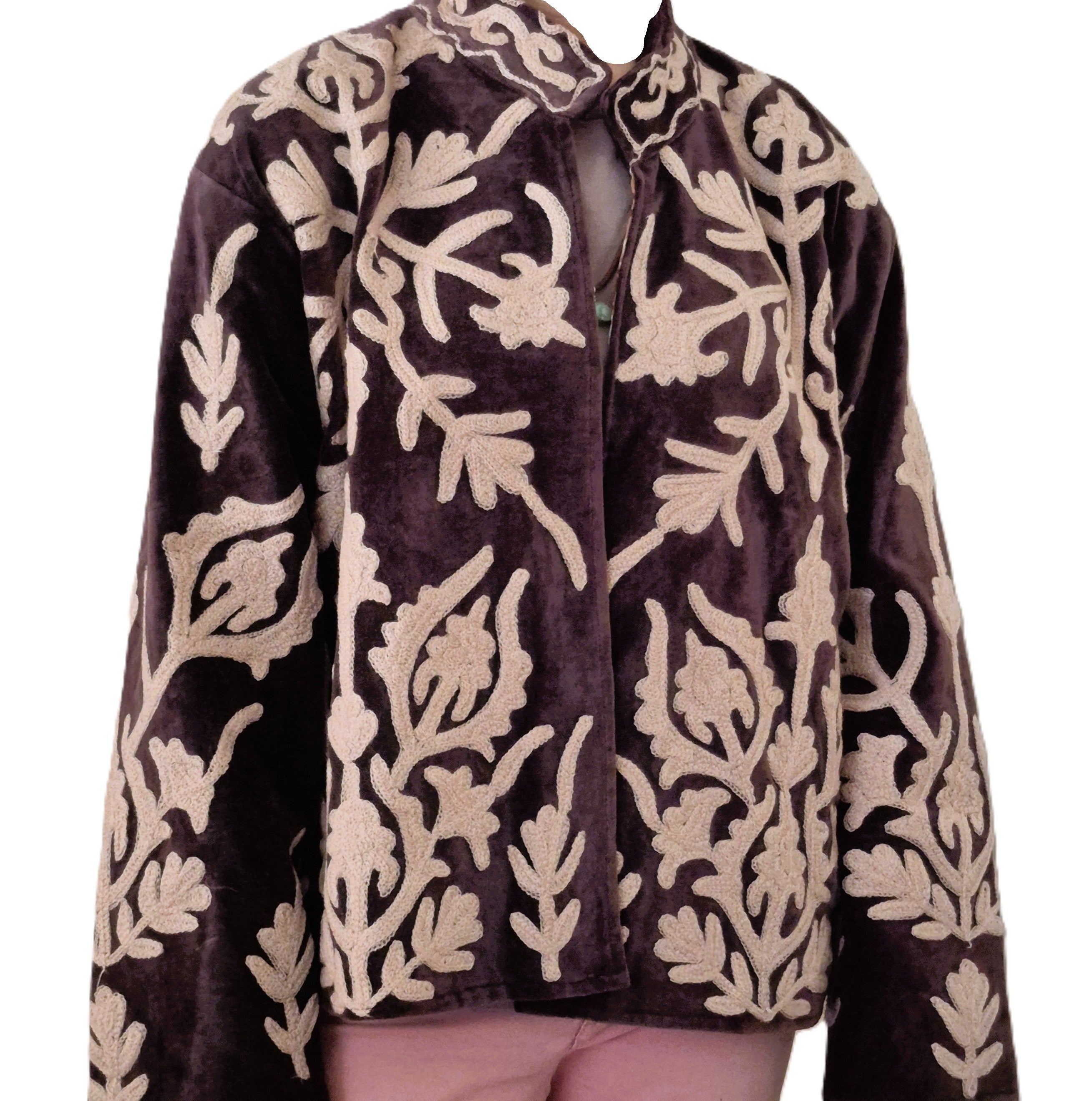 Plum velvet jacket with hand-worked suzani stitching, contrast lining