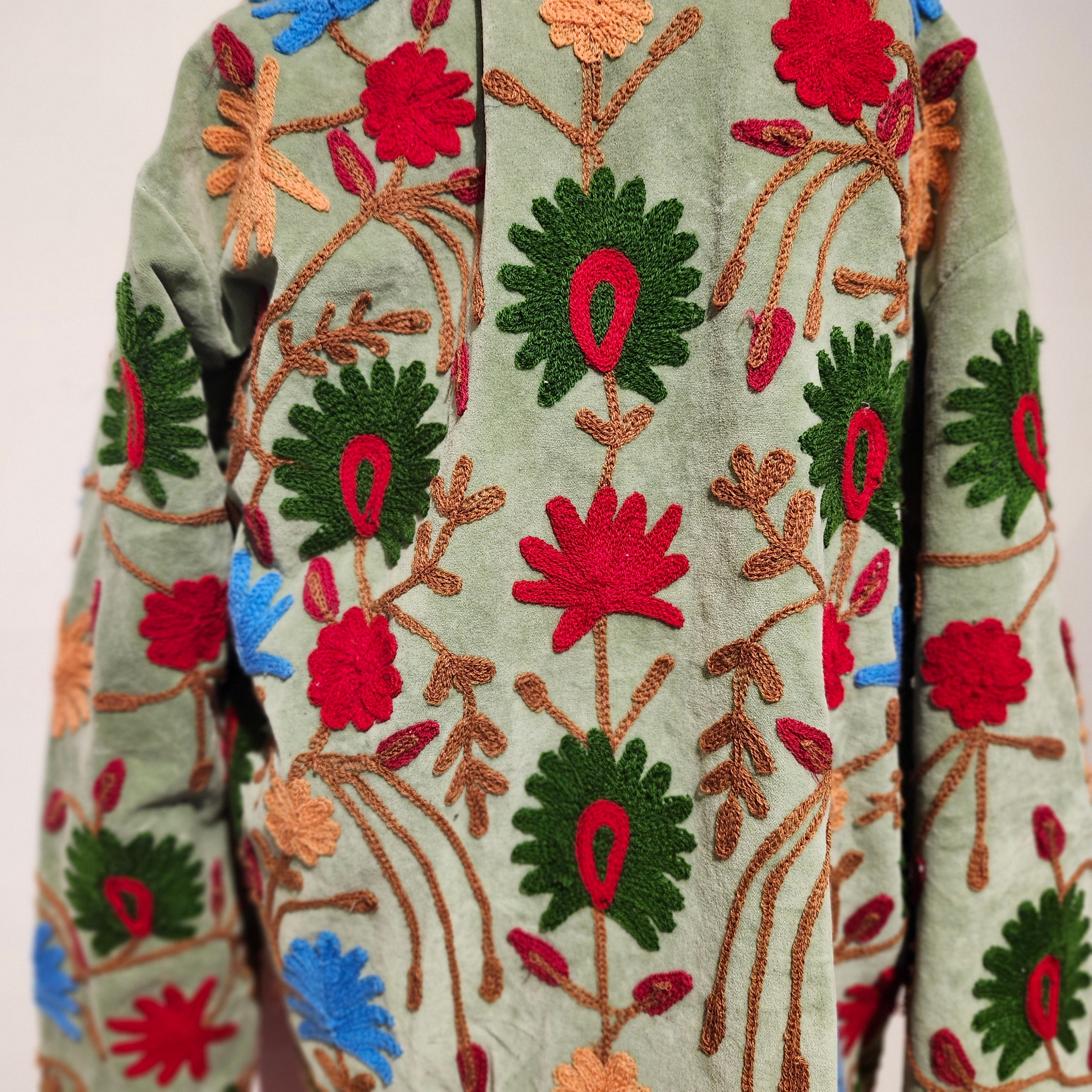 Mint velvet jacket with suzani stitching, green striped cotton lining