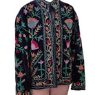Navy suzani velvet jacket, hand-worked stitching, styled