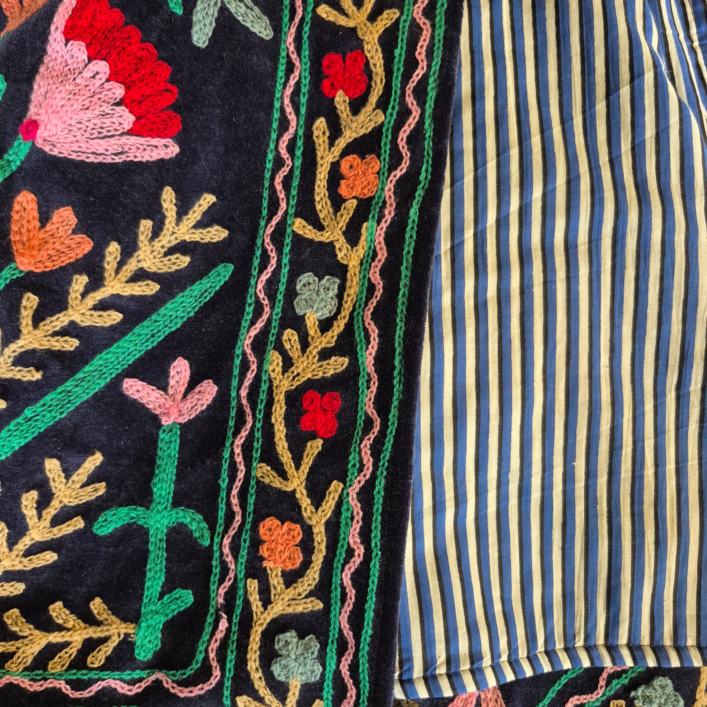 Navy suzani velvet jacket, two pockets, detail