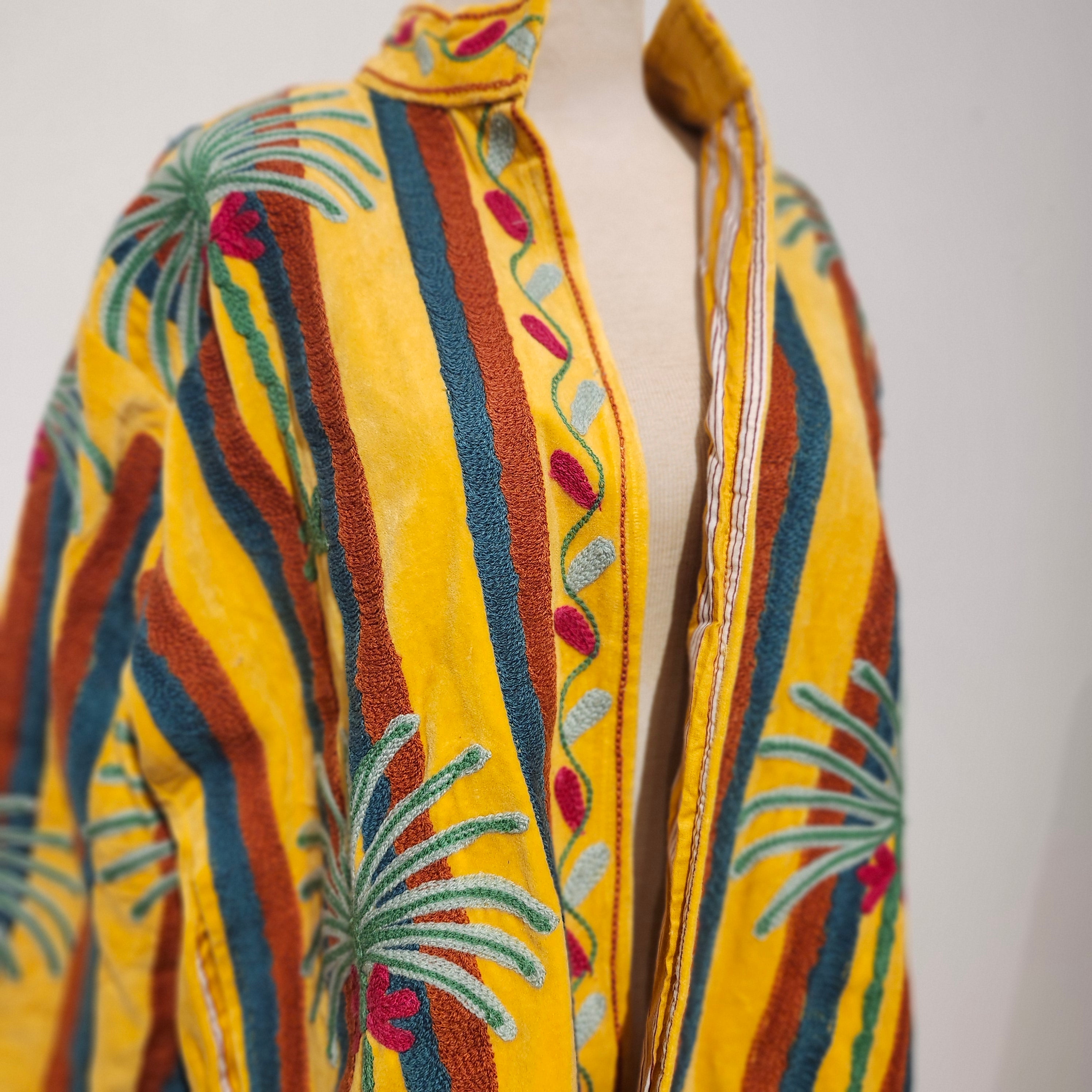 Yellow palm suzani velvet jacket, hand-worked stitching, styled