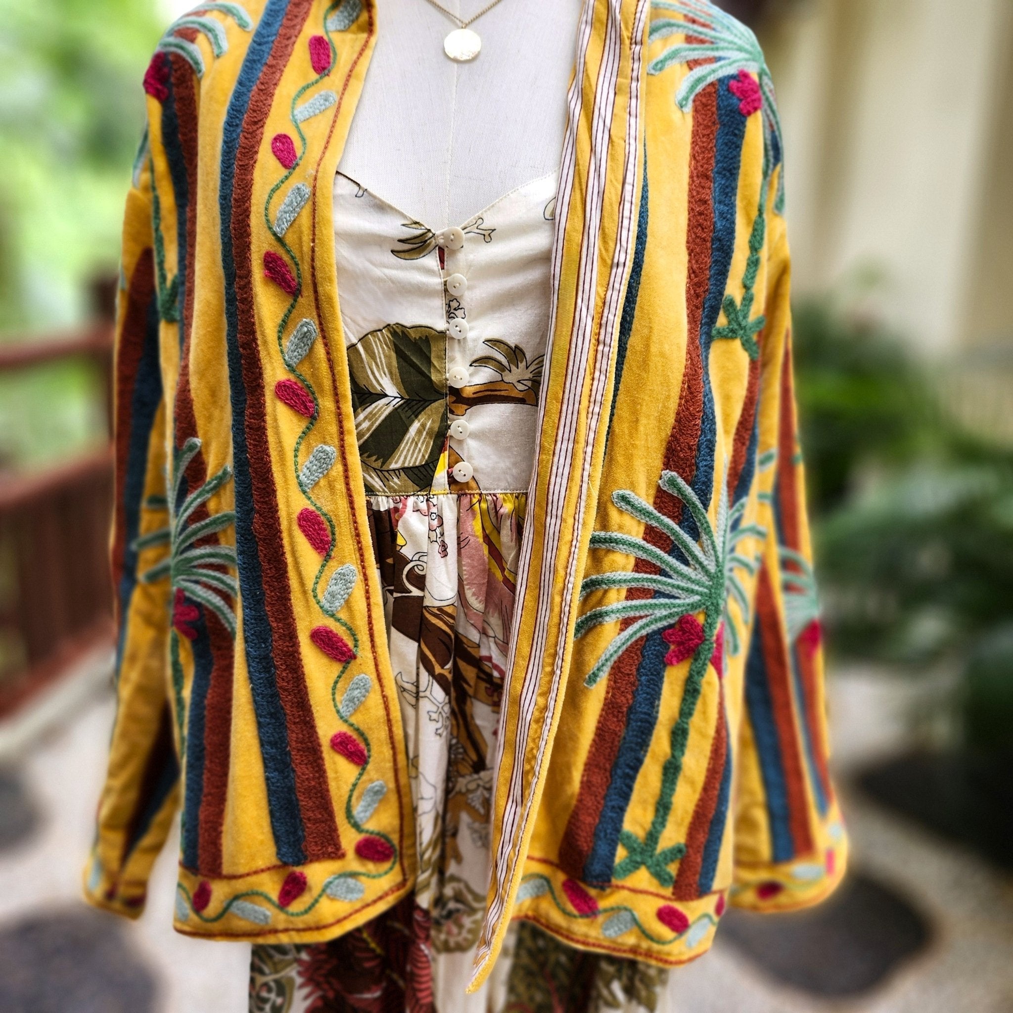 Yellow velvet jacket with palm suzani stitching, striped cotton lining