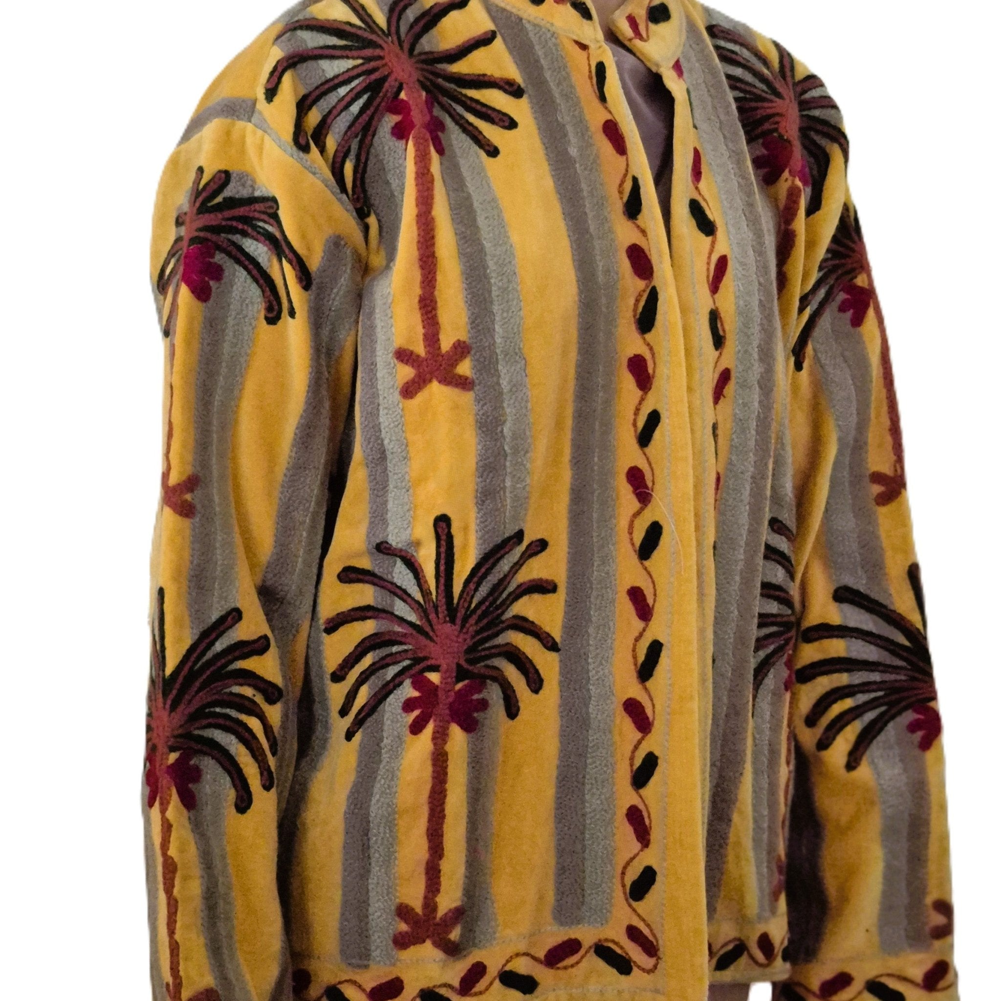 Yellow palm suzani velvet jacket, contrast striped lining