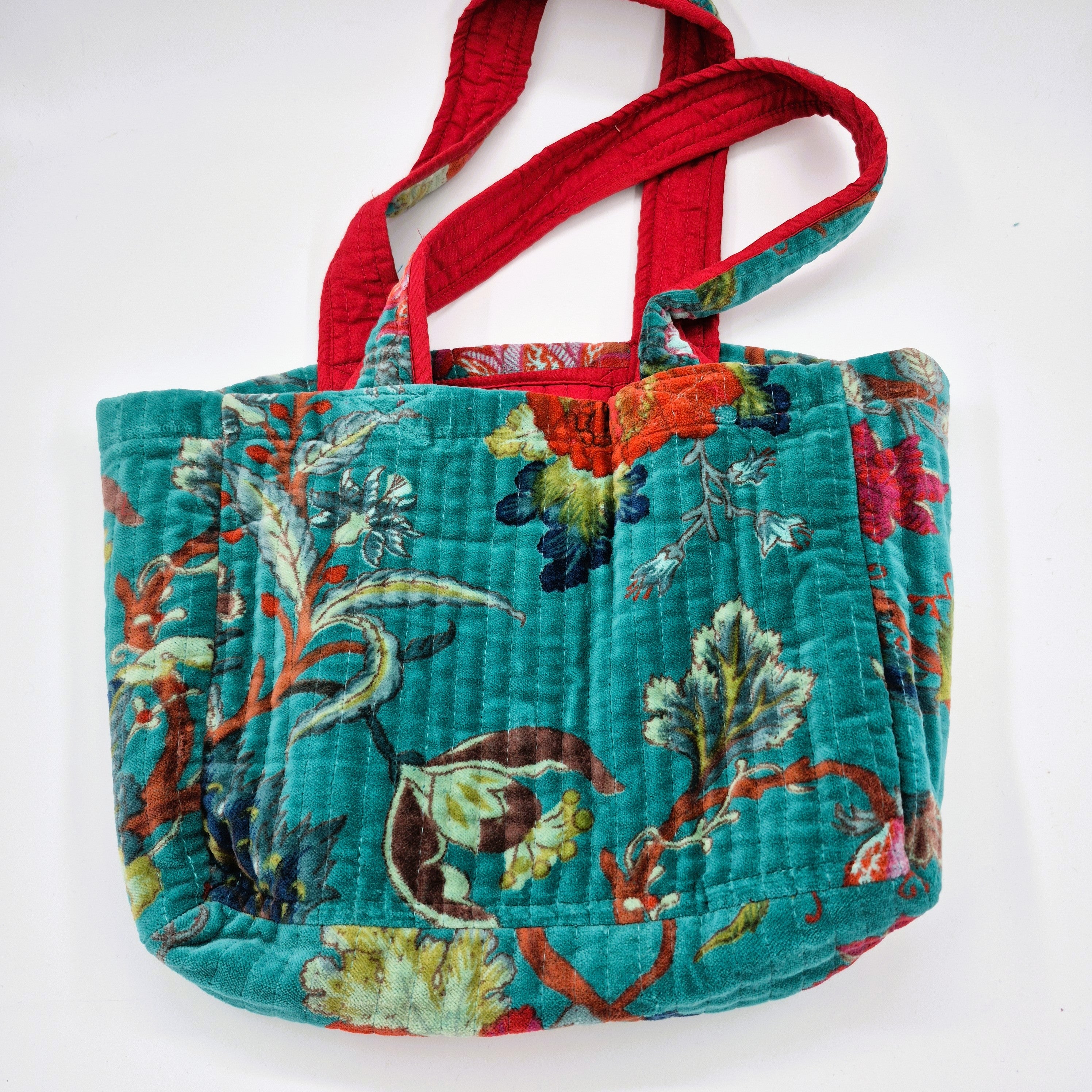 Turquoise quilted velvet tropicana bag with foliage and birds, 30 x 20cm