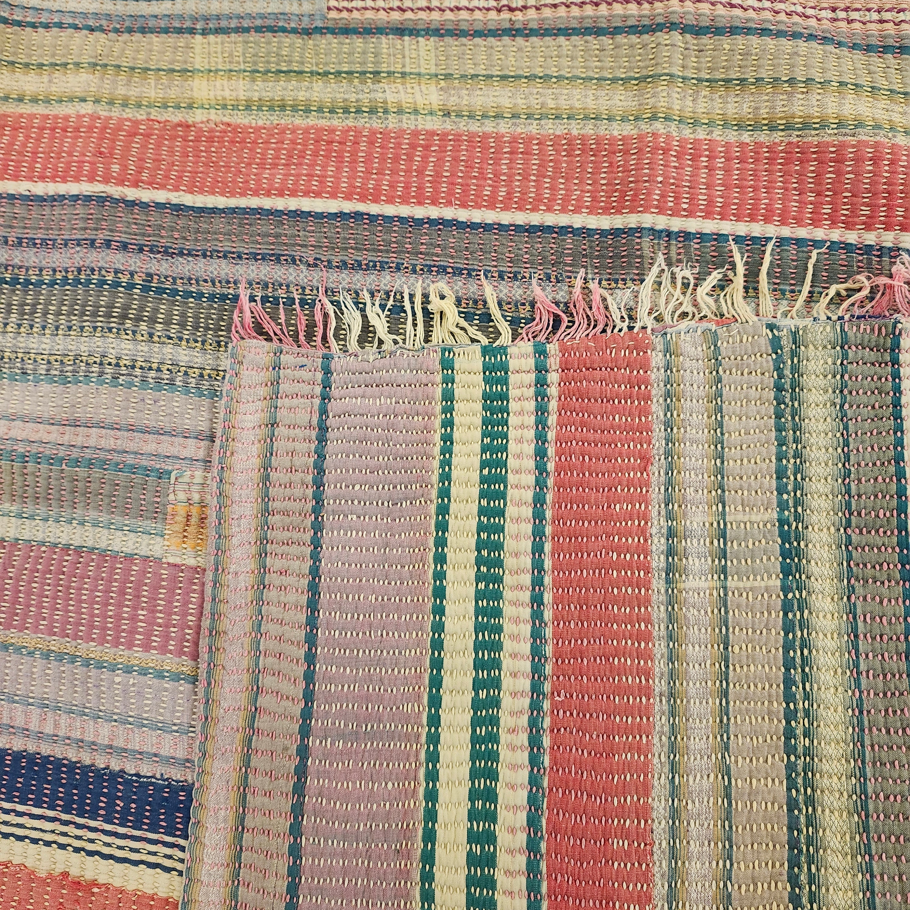 Vintage cotton kantha quilt in faded rainbow colours, 170 x 113cm