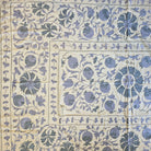 Vintage suzani fabric in petrol and grey, hand stitched silk embroidery on a cotton base, detail view