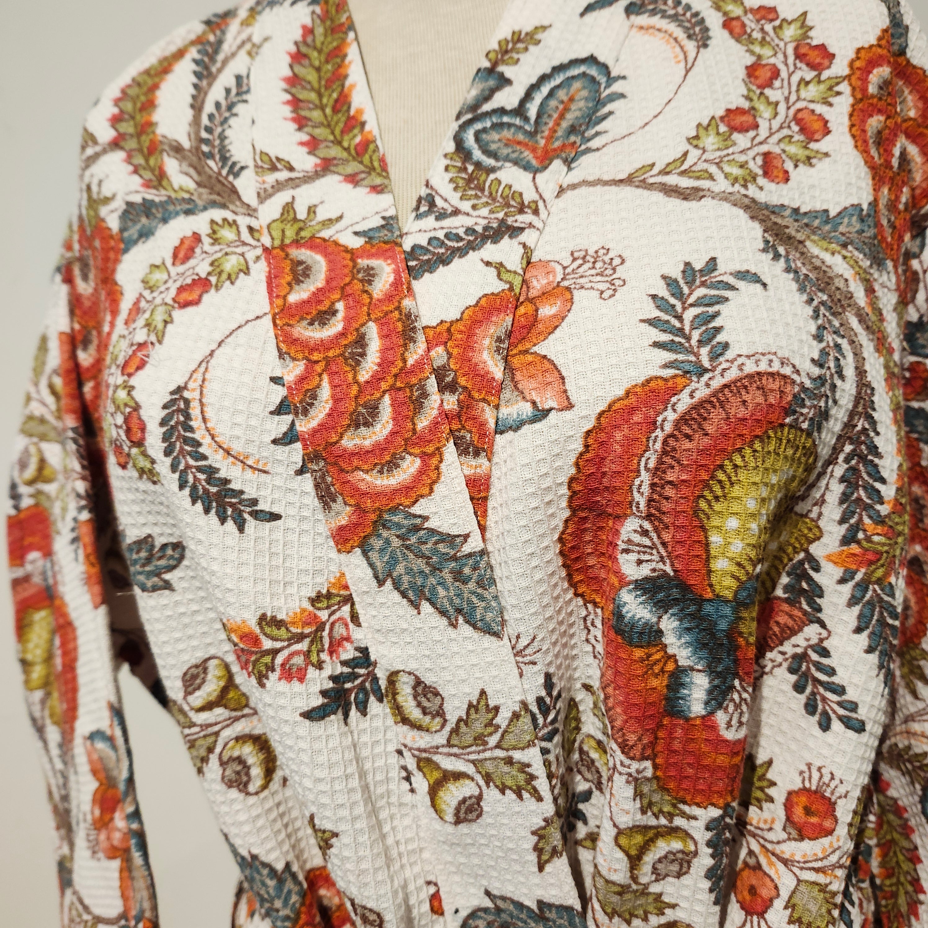 Waffle cotton dressing gown in a ginger block print