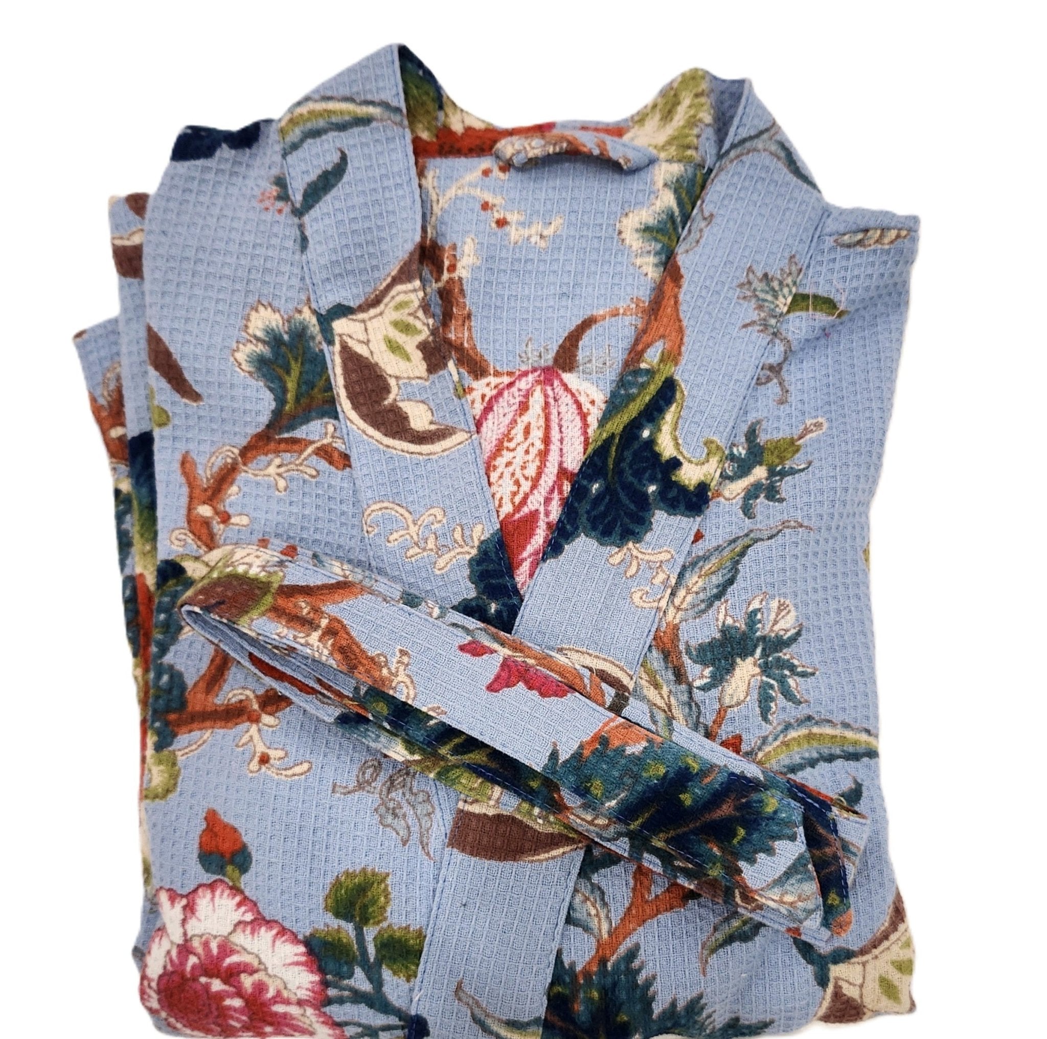Cotton waffle dressing gown with a blue tropical flower block print, a belt and two large pockets, one size