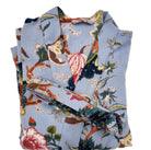 Cotton waffle dressing gown with a blue tropical flower block print, a belt and two large pockets, one size