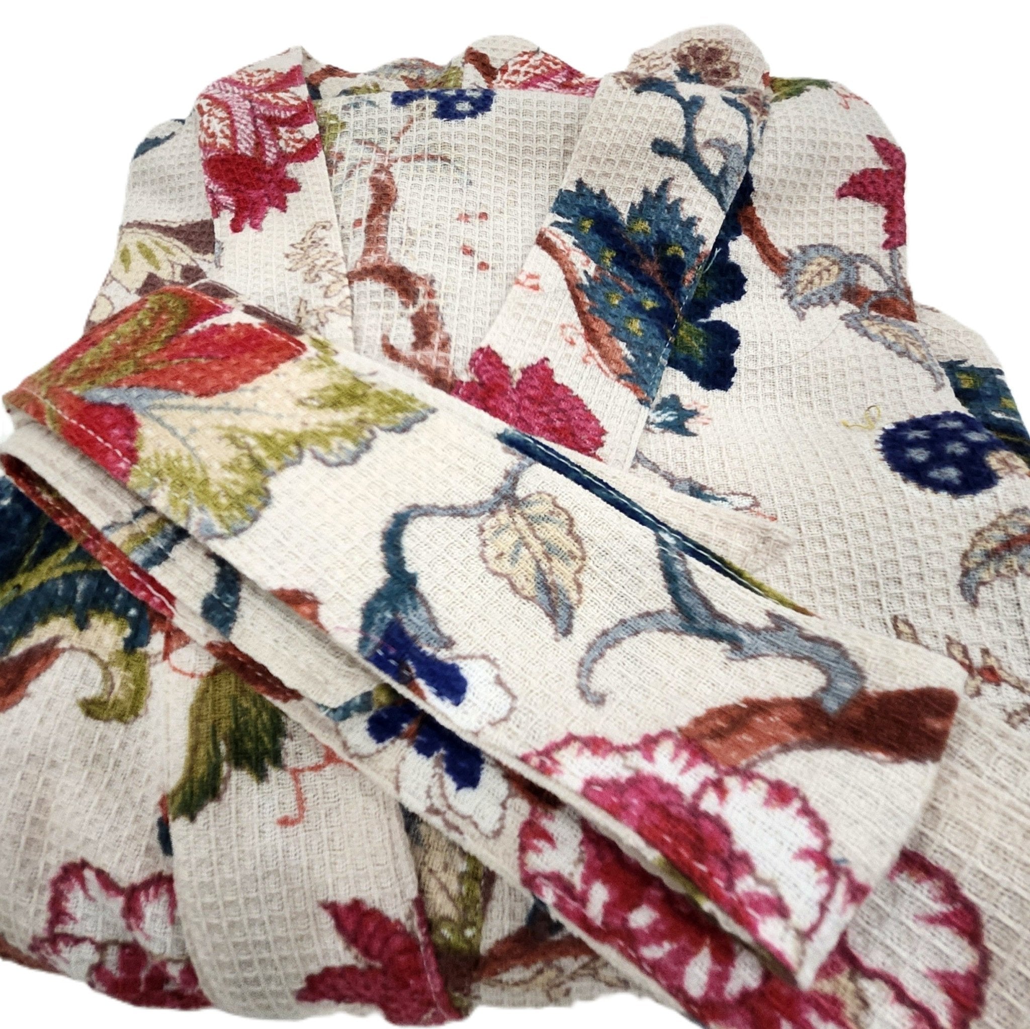 Cream waffle dressing gown block printed with tropical flowers, lightweight cotton that dries quickly