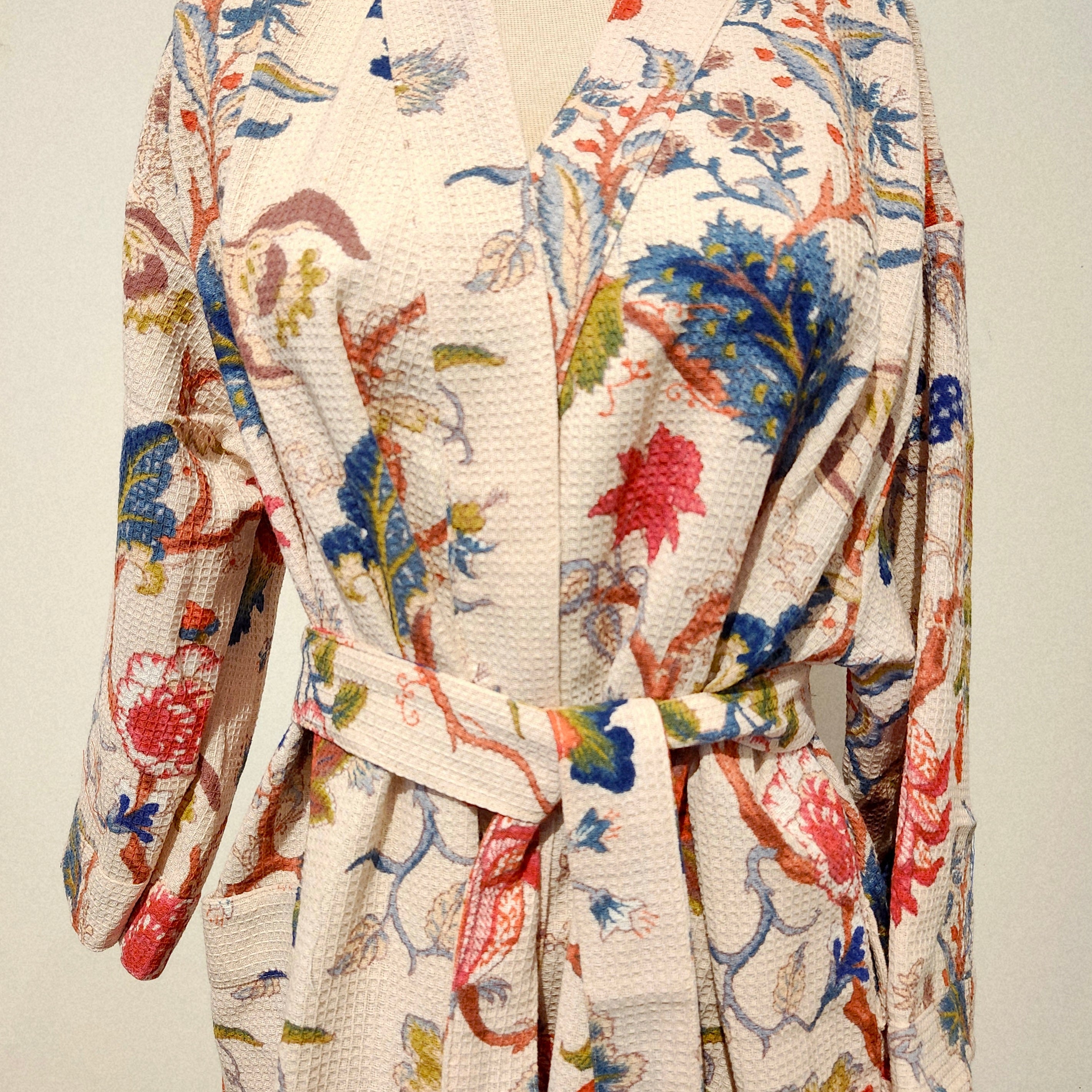 Pink tropical flower waffle cotton dressing gown