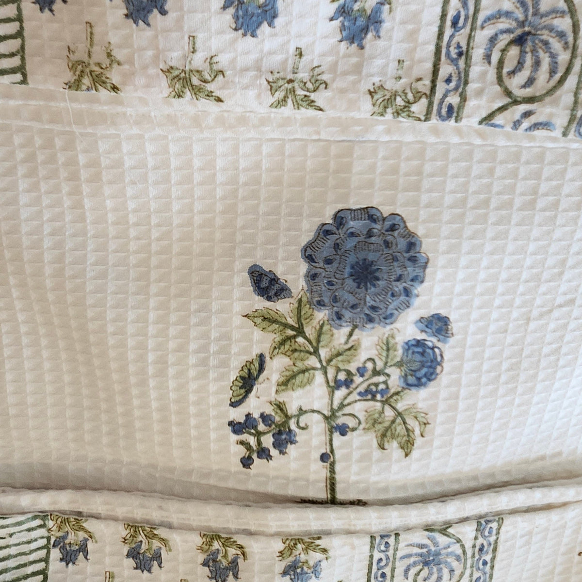 Blue flower block print bath towel woven in cotton waffle, 73 by 155 cm, thin, light and quick drying