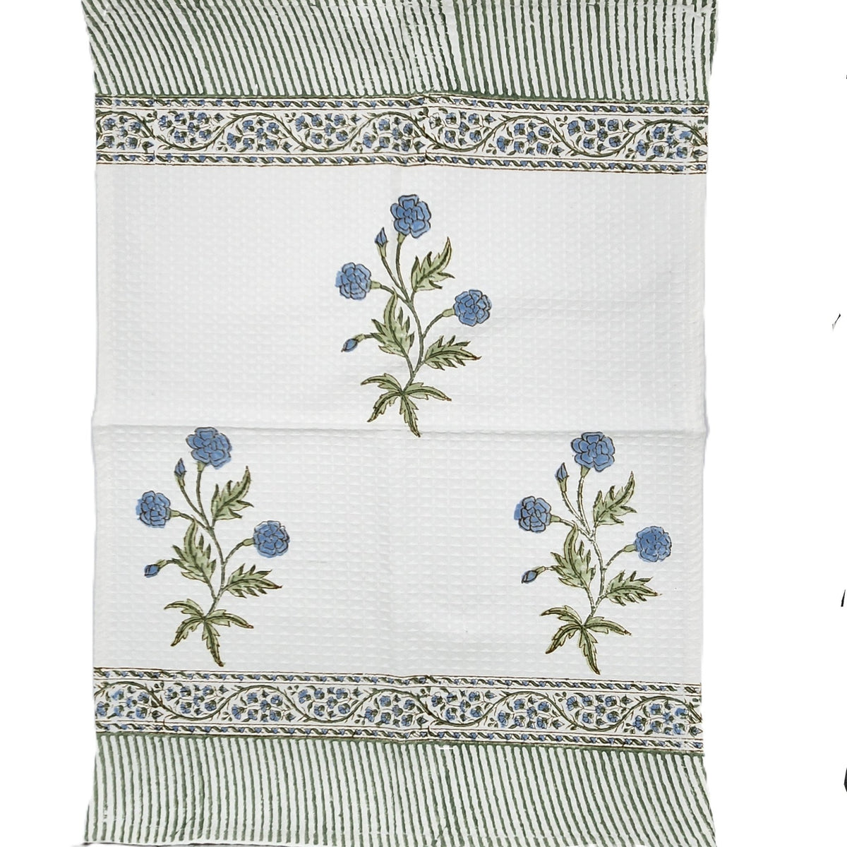 Cotton waffle hand towel with a blue carnation block print, lightweight and very absorbent, 64 by 45 cm