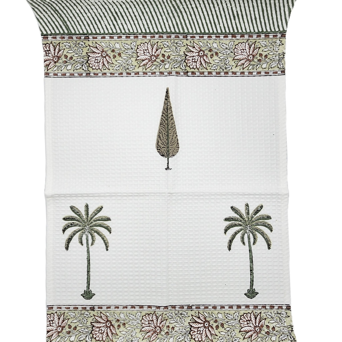 Cotton waffle hand towel block printed with a palm and cypress pattern, 64 by 45 cm, thin and absorbent