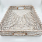 Large rectangular rattan tray in whitewash, 38 x 47 x 8.5 cm, handmade