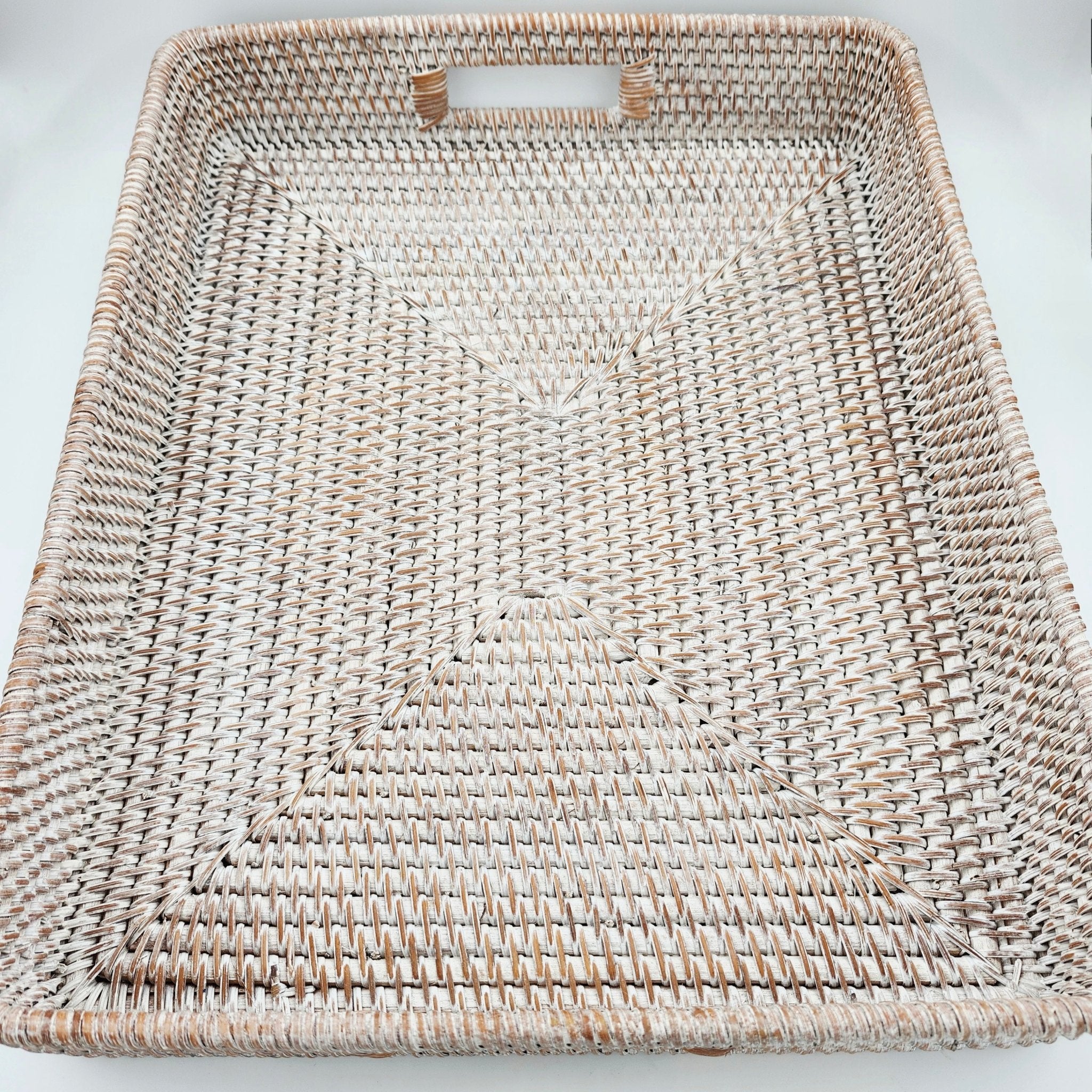 Whitewashed rattan tray, large, handwoven, styled