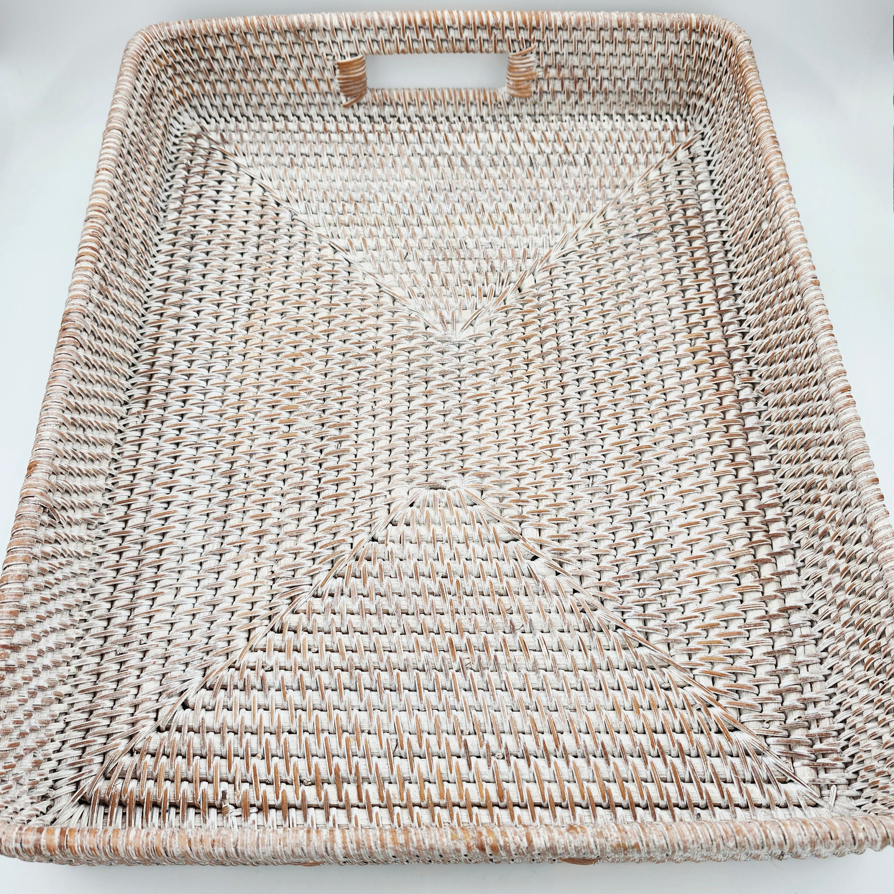 Whitewashed rattan tray, large, handwoven, styled