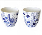 Willow pattern Chinese tea cup in blue, ceramic, Hong Kong harbour design, 8cm