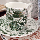 Willow pattern espresso cups and saucers in green and gold, set of two, ceramic