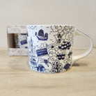 Willow pattern mug in blue, fine bone china, Hong Kong harbour design, 8 x 9cm