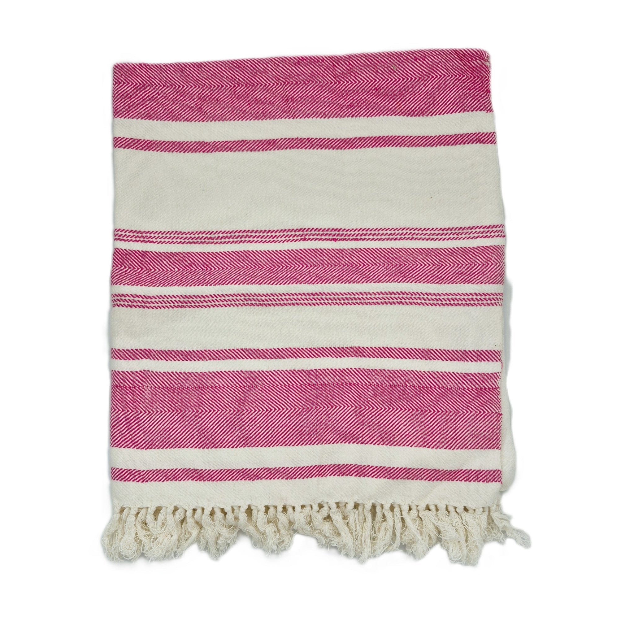 Pink and white striped towel with fringe on a white background