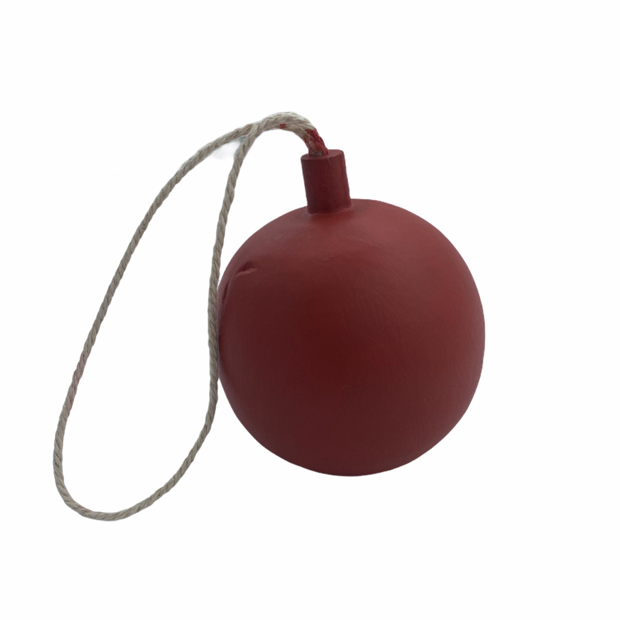 Red wooden hanging bauble decoration, handmade and hand-painted, with jute string, available in 6.5 cm and 3.5 cm
