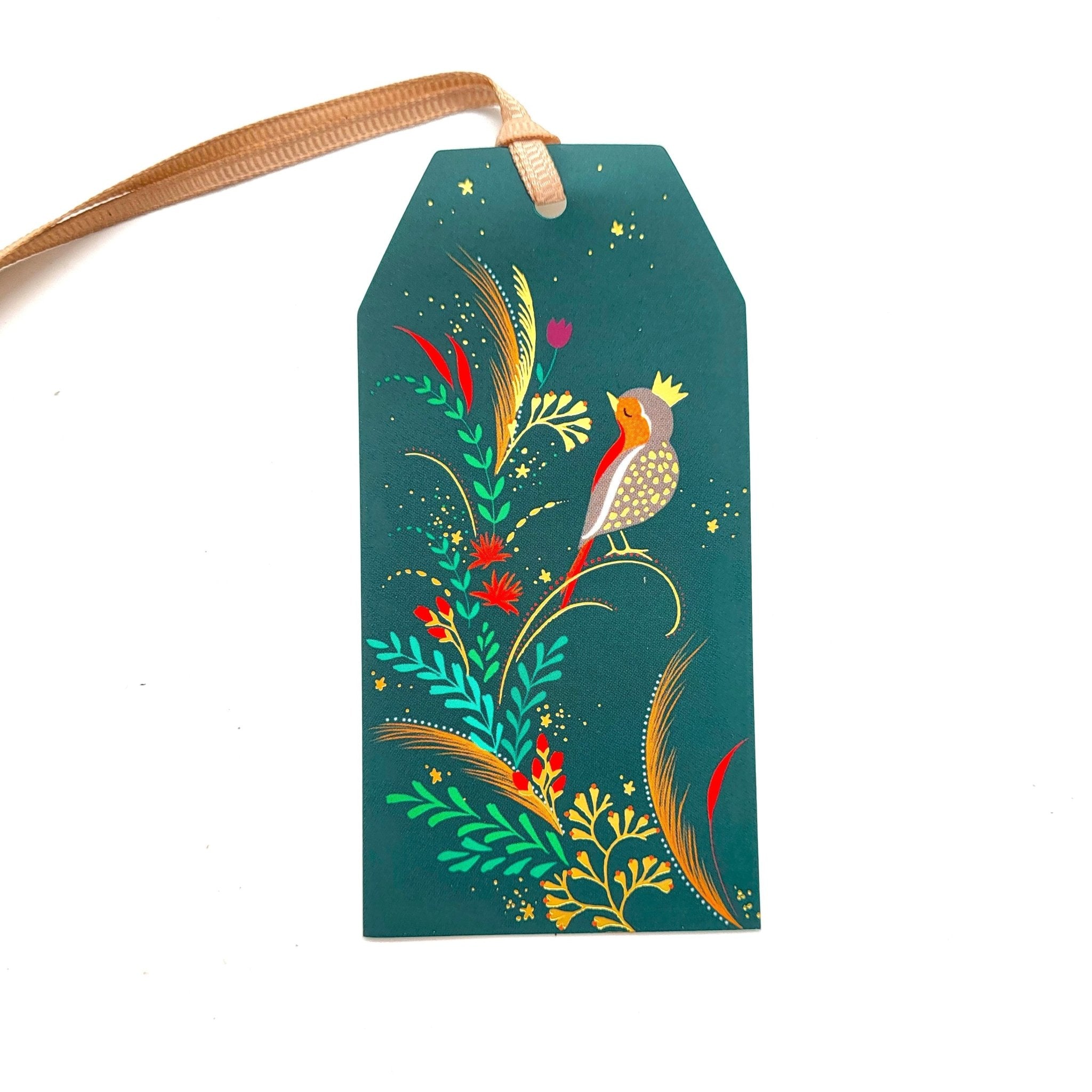 Printed Christmas gift tags, set of six with a robin design, 10 x 5 cm