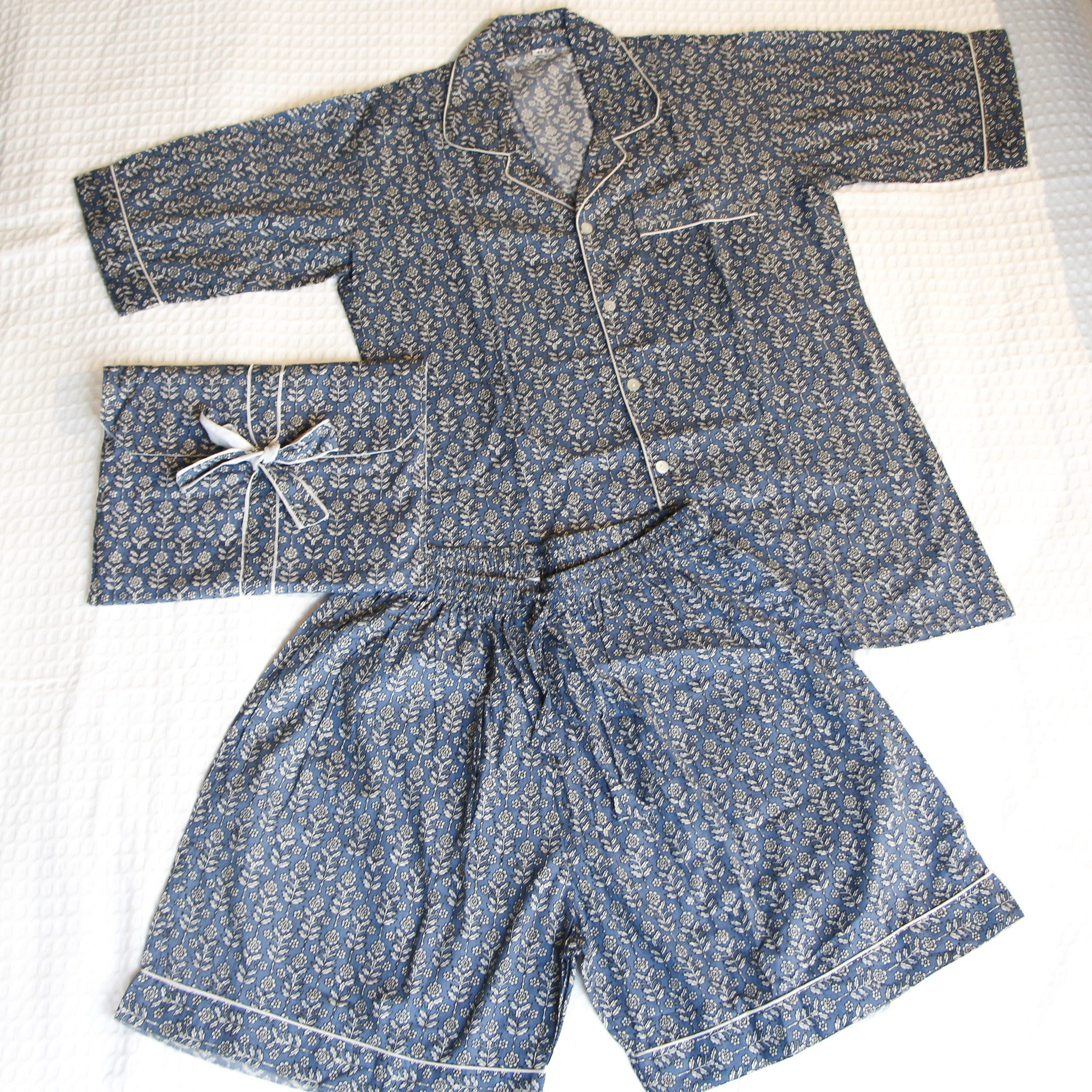 Floral block-print short cotton pyjama set