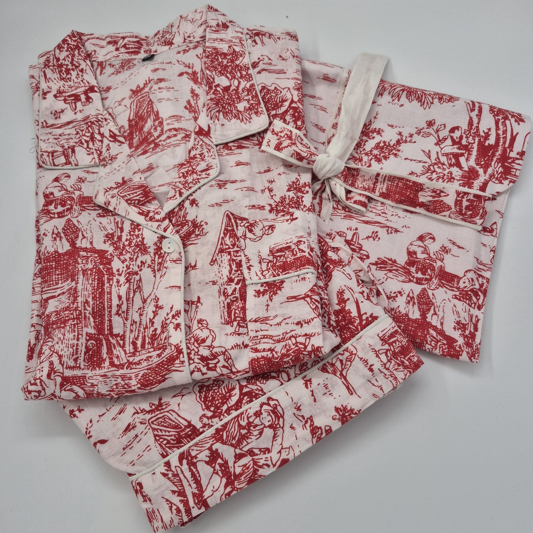 Rural-scene block-print short cotton pyjama set in red on white, with matching envelope bag
