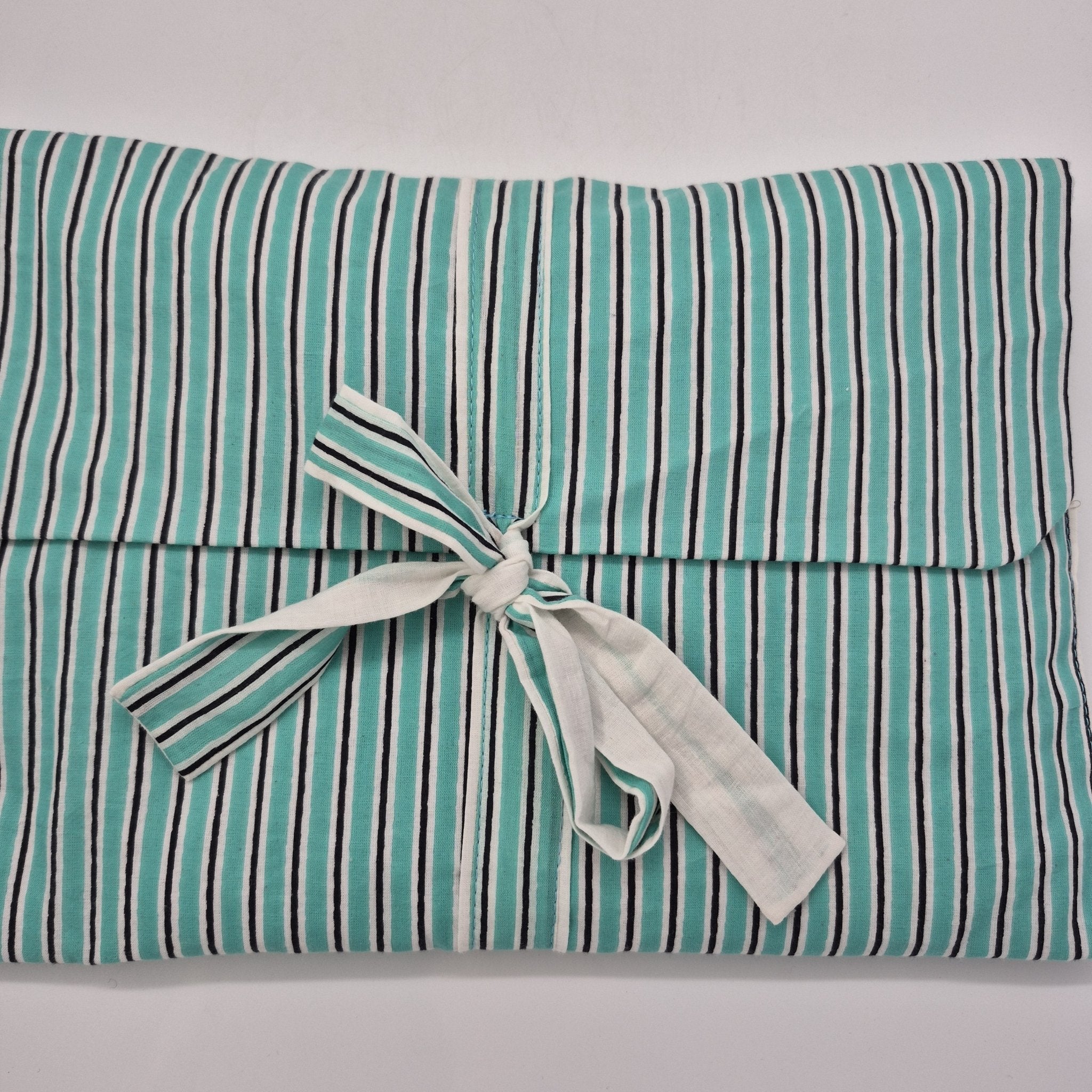 Turquoise, navy and white thin-stripe block-print short cotton pyjama set
